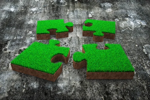 Четыре Головоломки Зеленой Травы Красной Почвы Гранжевом Сером Бетонном Фоне — стоковое фото