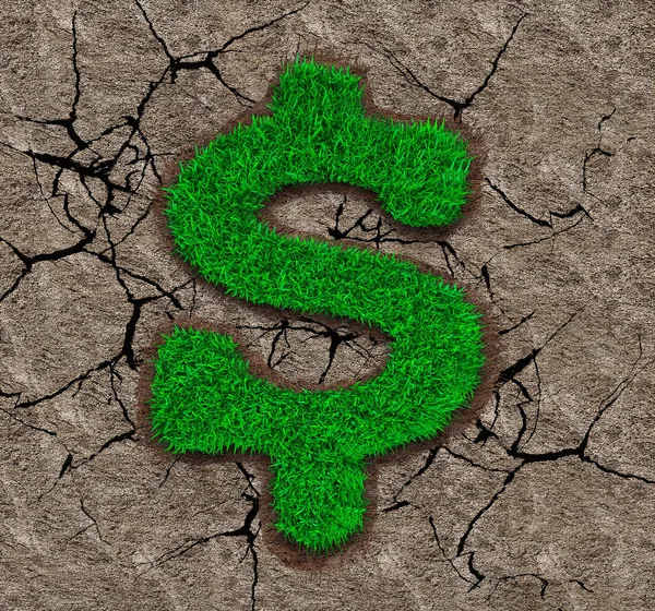 Green Grass Dollar Sign Shape Dry Land Cracked Earth Texture — Stock Photo, Image