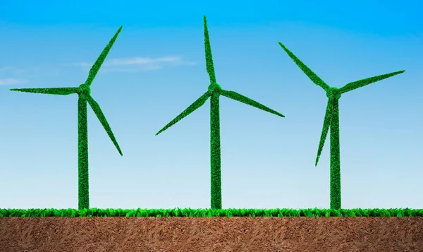 Green Grass Wind Turbines Shape Blue Sky Soil Cross Section — Stock Photo, Image