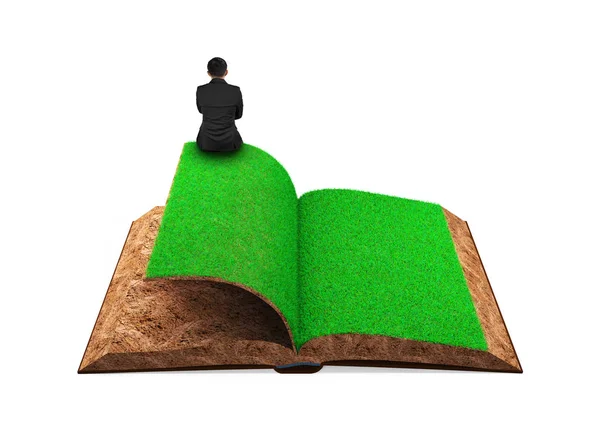 Маленький Бізнесмен Який Сидить Відкритій Книзі Зеленої Трави Текстури Грунту — стокове фото
