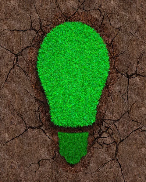 Green Grass Shape Light Bulb Dry Red Soil Cracks Background — Stock Photo, Image