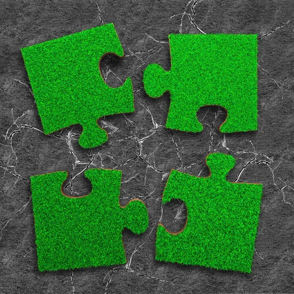 Quattro Puzzle Trama Erba Verde Sfondo Grigio Terra Crepa Secca — Foto Stock