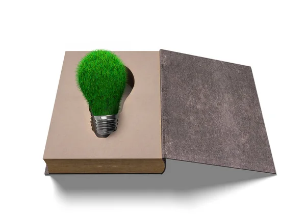 Opened Old Book Green Grass Bulb Isolated White Background Illustration — Stock Photo, Image