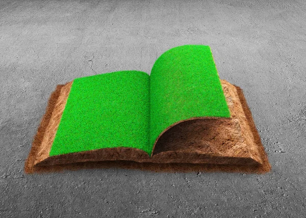 Öppen Bok Grönt Gräs Och Jord Texturerat Betonggolv Bakgrund Begreppet — Stockfoto