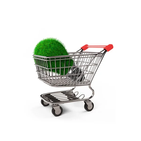 ショッピングカート エコとグリーン エネルギー 白い背景 イラストレーションの分離の概念の緑の草の電球 — ストック写真