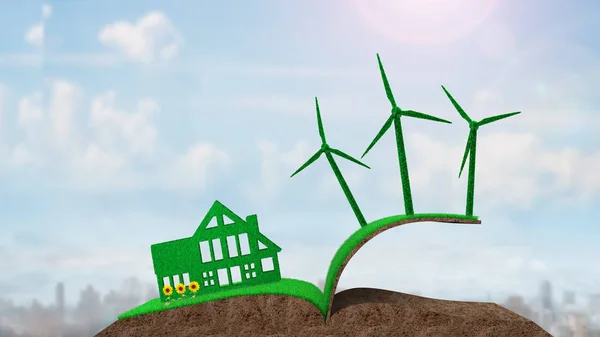 緑に家と風タービン草雲の晴れた空を背景に ひまわりと本の形で土壌の緑の家 グリーン エネルギー 循環経済の概念 — ストック写真