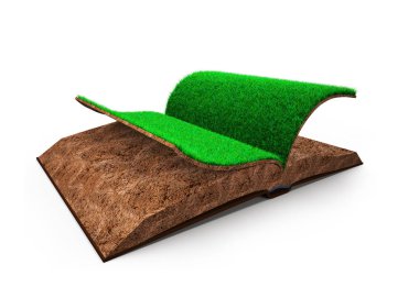 Yeşil otlar kitabını ve dokulu, izole üzerinde beyaz arka plan, Eco, yenilenebilir enerji ve dairesel ekonomi, 3d illüstrasyon kavramı toprak.