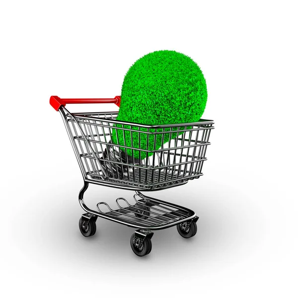 白い背景の イラストレーション上分離したグリーン エネルギー 省エネ 緑の草 ショッピングカートの電球のコンセプト — ストック写真