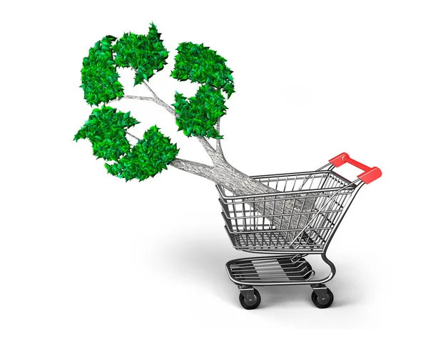 購入するまたは供給の概念環境保護と循環型経済を開発するための技術 緑の木の葉をカート 白い背景 イラストレーションの分離記号をリサイクル — ストック写真
