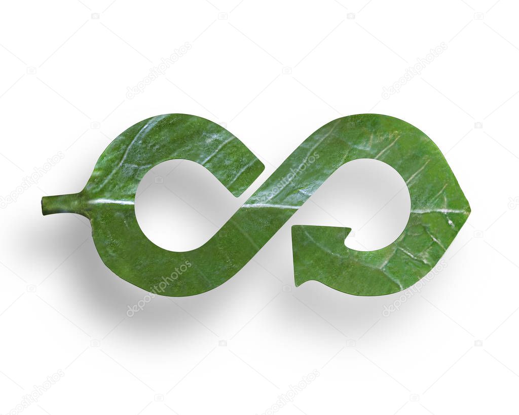 Green Eco-friendly and circular economy concept, leaf in form of arrow infinity recycling shape, isolated on white background.