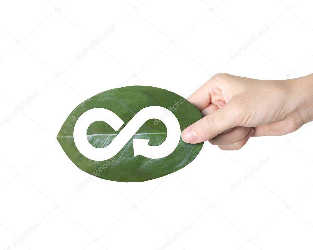 Concept of supply technologies for green Eco-friendly and circular economy, female hand holding a leaf with hole of arrow infinity recycling shape, isolated on white background.