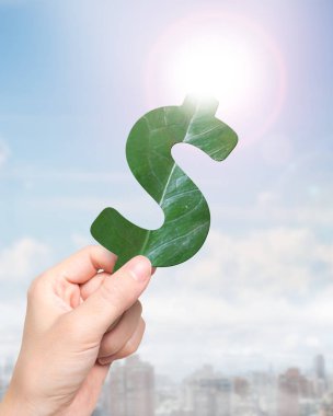 Yeşil altın ve yeşil kavramı kaynak, bir yaprak şeklinde dolar işareti şekli, güneş ışığı gökyüzü arka plan üzerinde tutan el.