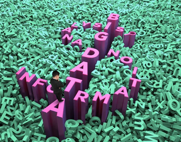 Big data, information analysis and restructuring concept, pondering businessman standing on big dollar sign money symbol with huge amount of 3d letters and numbers.