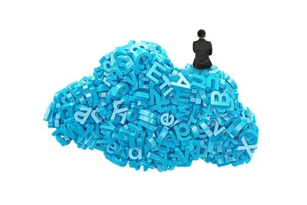 Grote gegevens. Blauwe tekens in de vorm van de wolk met zakenman sittin — Stockfoto