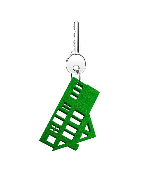 Silver nyckel med grönt gräs hus form nyckel ring, 3D illustration — Stockfoto