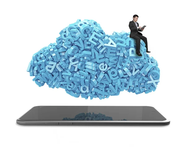 Big data. blue characters cloud shape. Smart tablet. Businessman — Stock Photo, Image