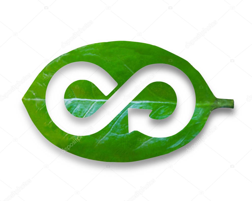 Leaf with hole of arrow infinity recycling shape, circular econo