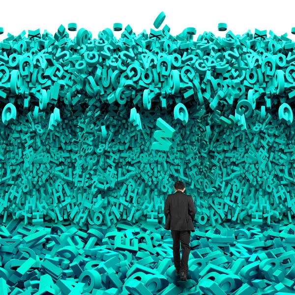 Grossi dati. Uomo d'affari che cammina verso un enorme personaggi tsunami w — Foto Stock