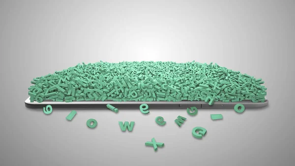 Grandes dados. Caracteres verdes enormes cobrem tablet inteligente. Ilustração 3D — Fotografia de Stock
