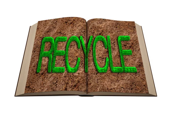 Öppnad bok. Gräs återvinna ord på jord sida. 3D-illustration. — Stockfoto