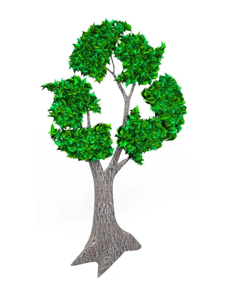 Δέντρο με πράσινα φύλλα στο σύμβολο ανακύκλωσης, 3D εικονογράφηση. — Φωτογραφία Αρχείου