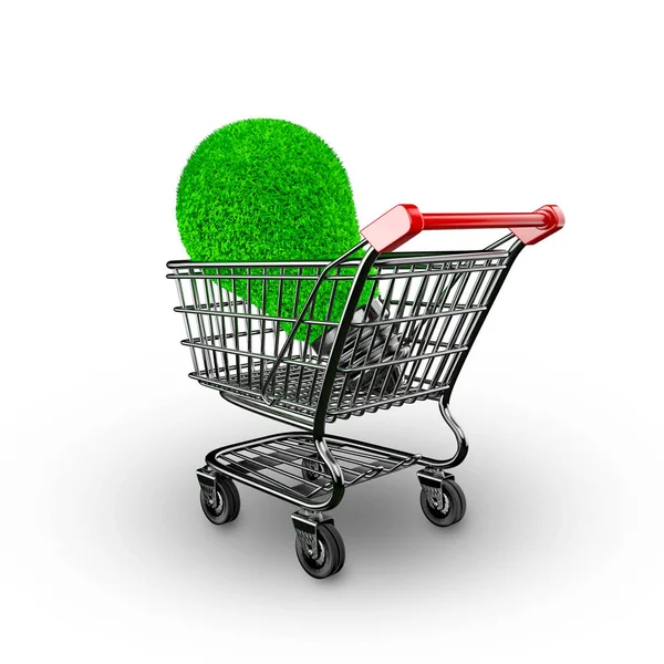 Green grass bulb in shopping cart, energy saving, 3D illustratio — Stock Photo, Image