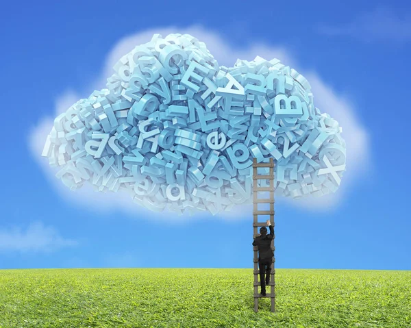 Grote gegevens. Blauwe tekens in de vorm van de wolk met zakenman climbi — Stockfoto