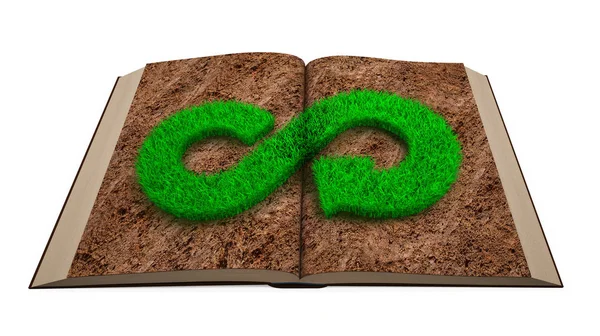 Opened book. Grass infinity arrow on soil page. 3D illustration. — Stock Photo, Image