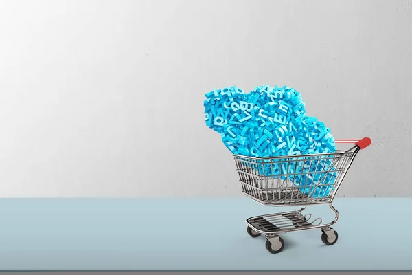 大きなデータです。ショッピングカートの机の上に青い文字雲. — ストック写真