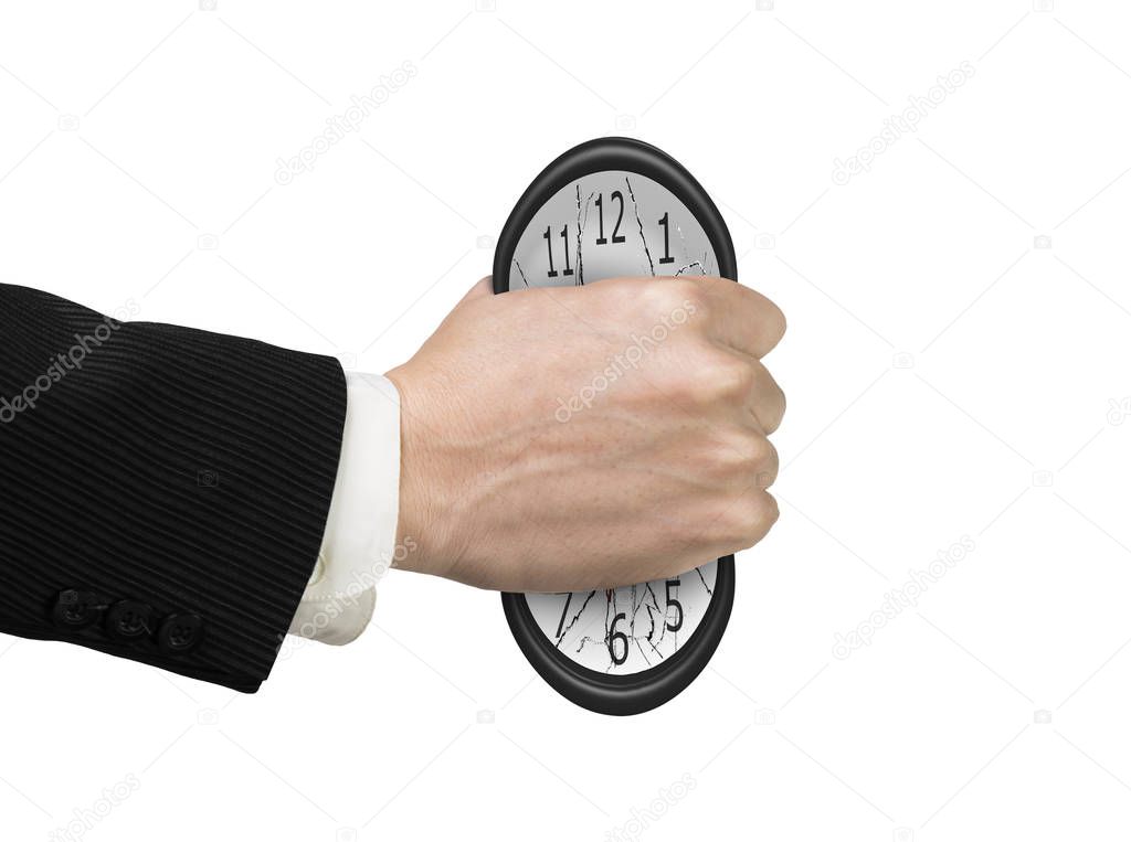 Not enough time. Man's hand seizing clock to cause deformation.