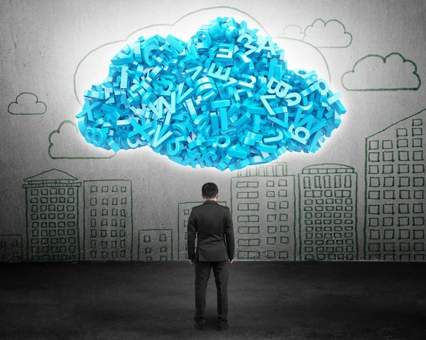 Big data. Businessman facing blue characters in cloud shape. — Stock Photo, Image