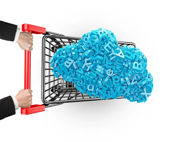 Big data. Blauwe karakters wolk in winkelwagen handen houden. — Stockfoto