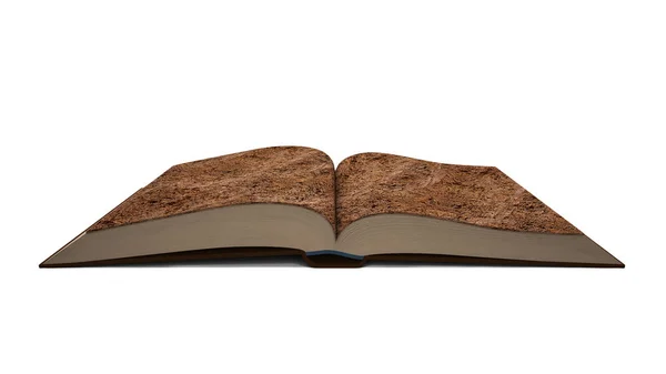 Kahverengi toprak doku sayfasının açık kitap. 3D çizim. — Stok fotoğraf