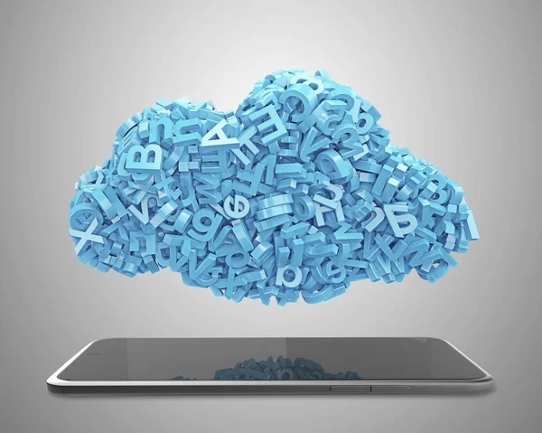 Big data. Blue characters cloud shape. Smart tablet. 3D illustra — Stock Photo, Image