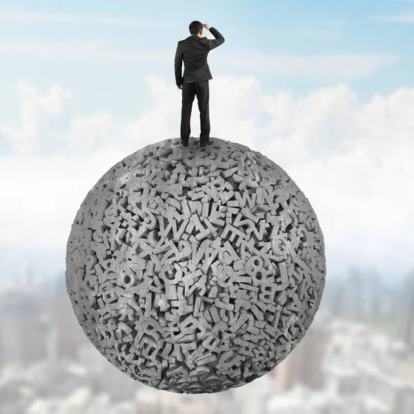 Businessman standing on concrete ball of 3d characters big data. — Stock Photo, Image