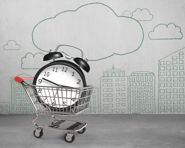 Alarm clock in shopping cart with doodles wall concrete room. — Stockfoto