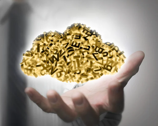 3D c kendini aydınlatılmış büyük veri bulutu tutan işadamı el — Stok fotoğraf