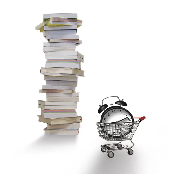 Alarm clock in shopping cart, stack of books, white background — Stockfoto
