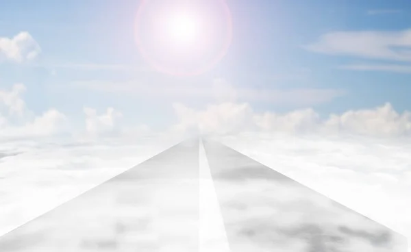 Asphalt road of white line in sky with clouds sunlight — Stock Photo, Image