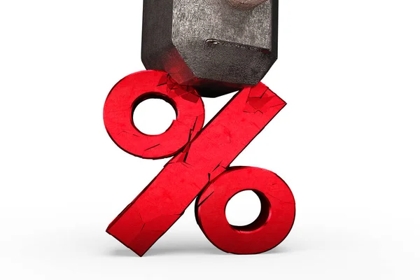 Sledgehammer esmagando sinal de porcentagem vermelho rachado, renderização 3D . — Fotografia de Stock