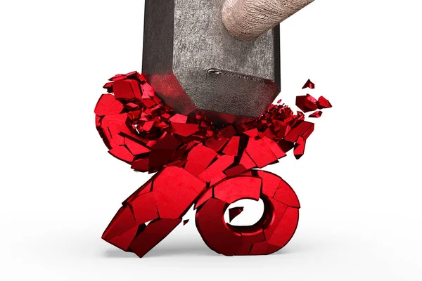 Sledgehammer fracassare segno percentuale rosso incrinato, rendering 3D . — Foto Stock
