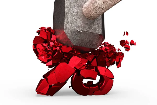 Vorschlaghammer zertrümmert rotes Prozentzeichen geknackt, 3D-Darstellung. — Stockfoto