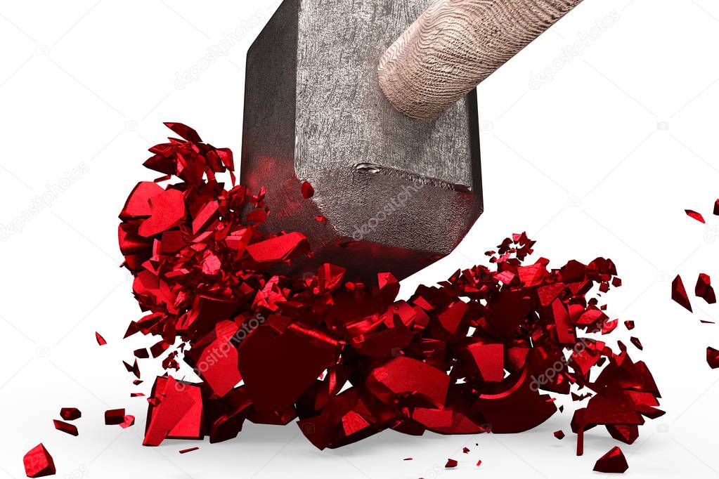 Sledgehammer smashing red percentage sign cracked, 3D rendering.
