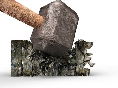 Balyoz çökertme kural beton kelime kırık, 3d render.