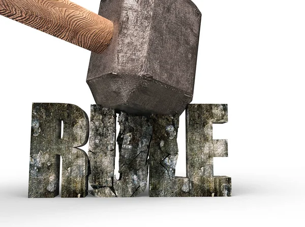 Vorschlaghammer zerschmettert Regel Beton Wort gebrochen, 3D-Rendering. — Stockfoto