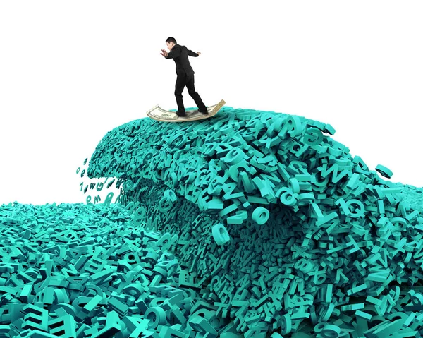Big data. Huge characters tsunami wave. Businessman surfing mone — Stock Photo, Image