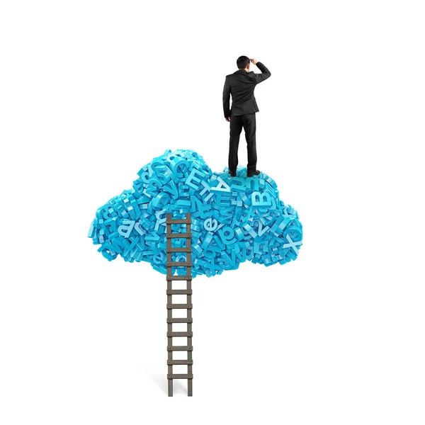 Большие данные. Бизнесмен, стоящий на трехмерных символах синего облака . — стоковое фото