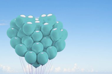 Yüzen açık mavi balonlar, kalp şekli, aşk için hediye