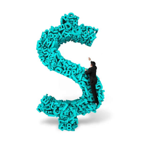 Affärsman klättring dollartecken pengar form, 3D tecken stora — Stockfoto
