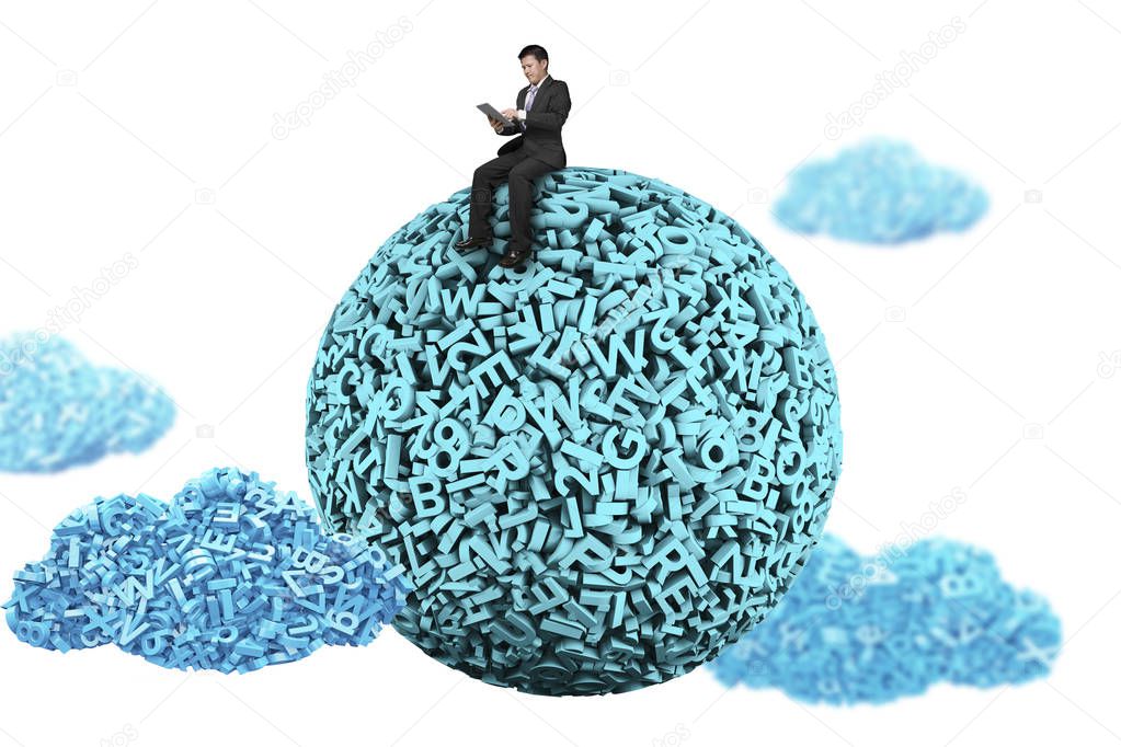 Businessman sitting on blue green ball, 3d characters big data.